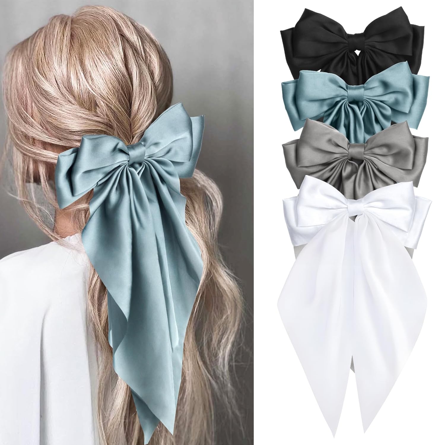 Silky Satin Hair Bows for Women Girls - 4PCS Ribbon Bows for Hair, Big Bow Hair Clips with Long Tail, Barrettes - Cute Hair Accessories Gifts (Black, Blue Grey, Grey, White)